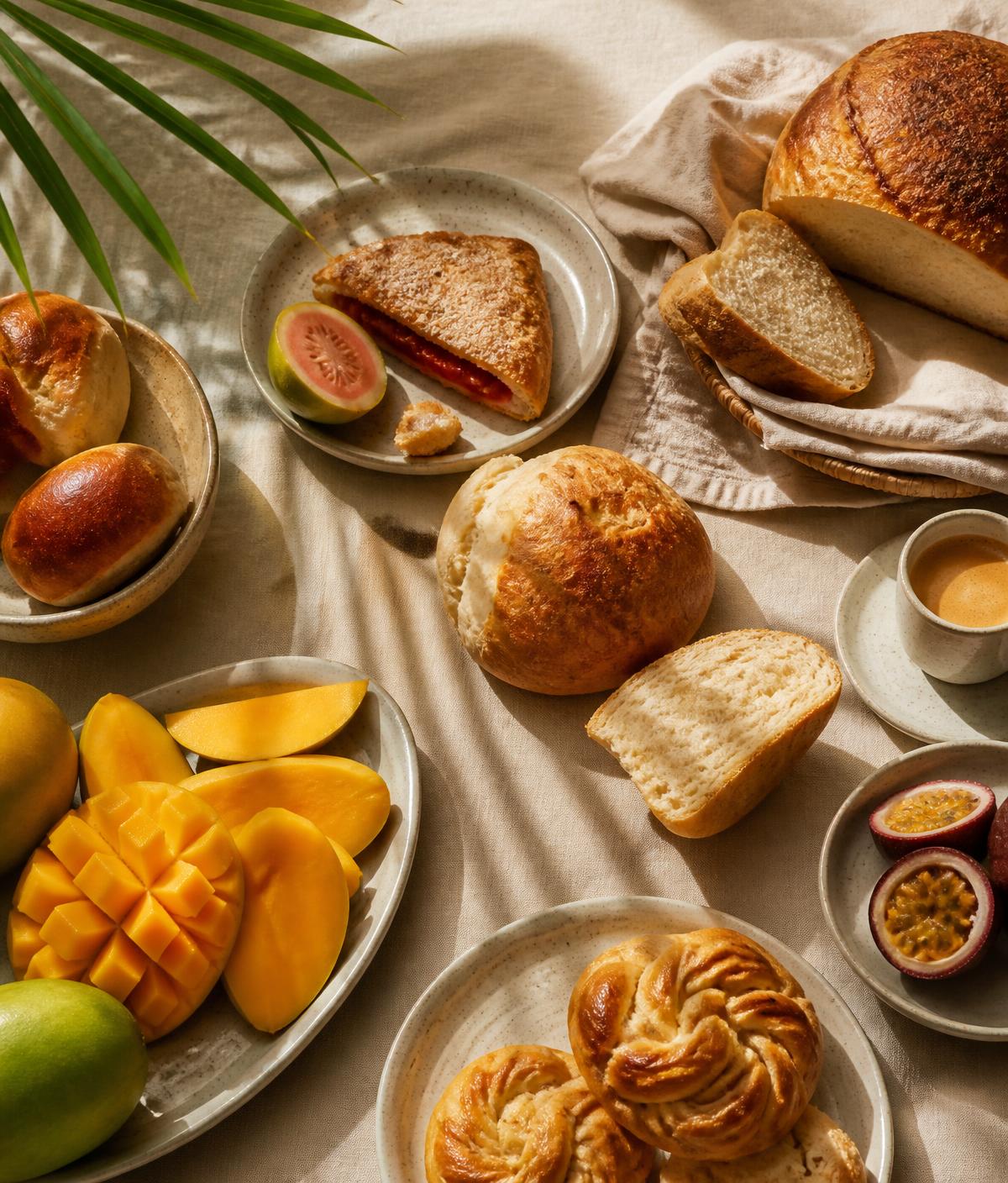 Caribbean-inspired baked goods, coco bread, guava pastry, and fresh mango