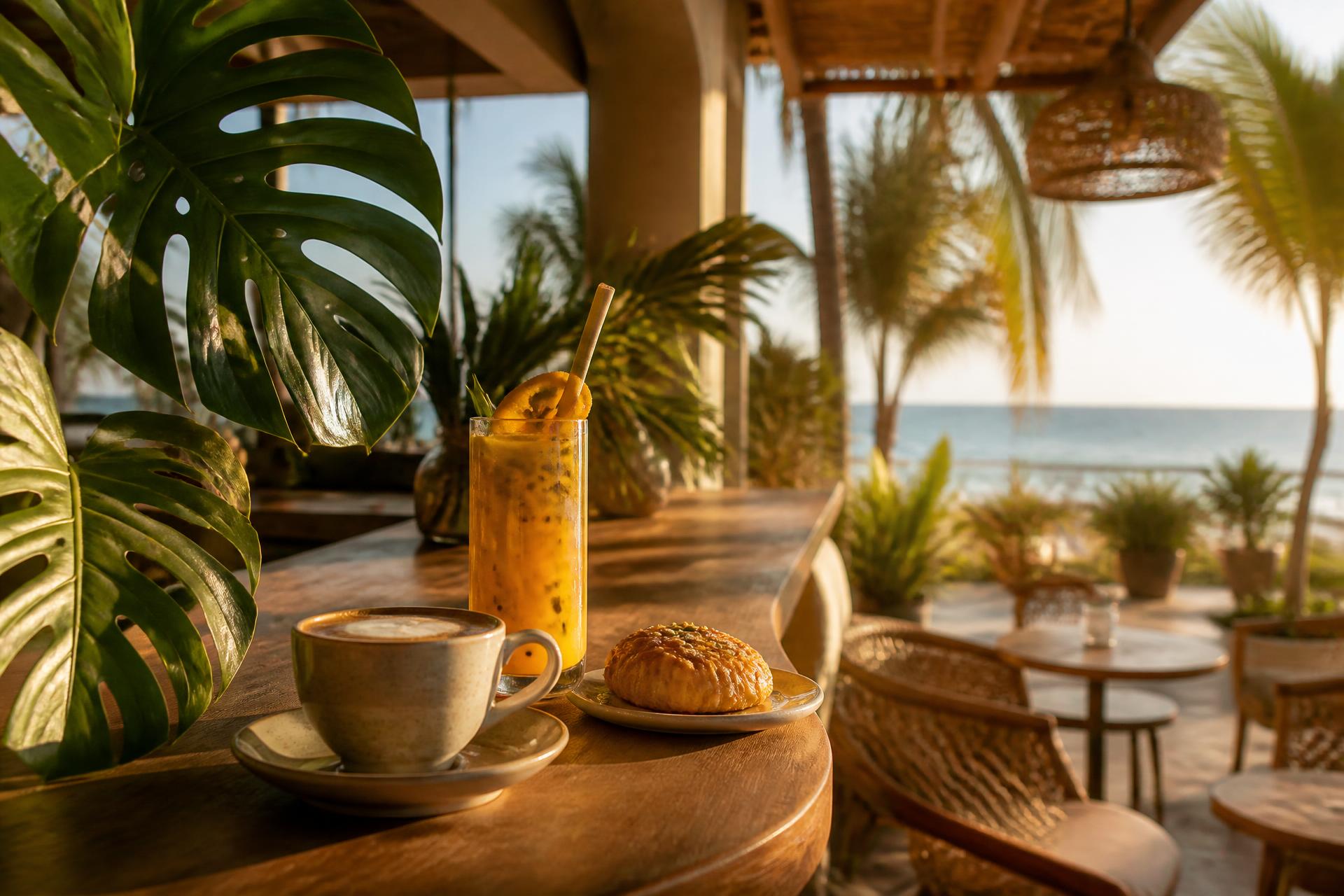 Sunlit tropical café terrace with coffee, a Caribbean pastry, and a tropical fruit drink