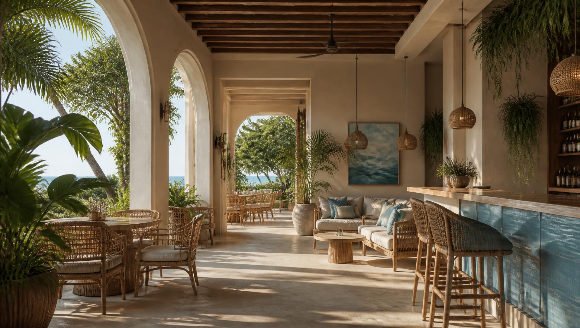 Airy tropical café interior with rattan seating, arches, and greenery